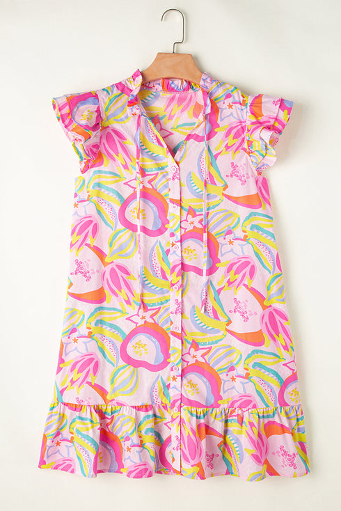 Abstract Floral Ruffle Trim Flutter Sleeve Buttoned Dress